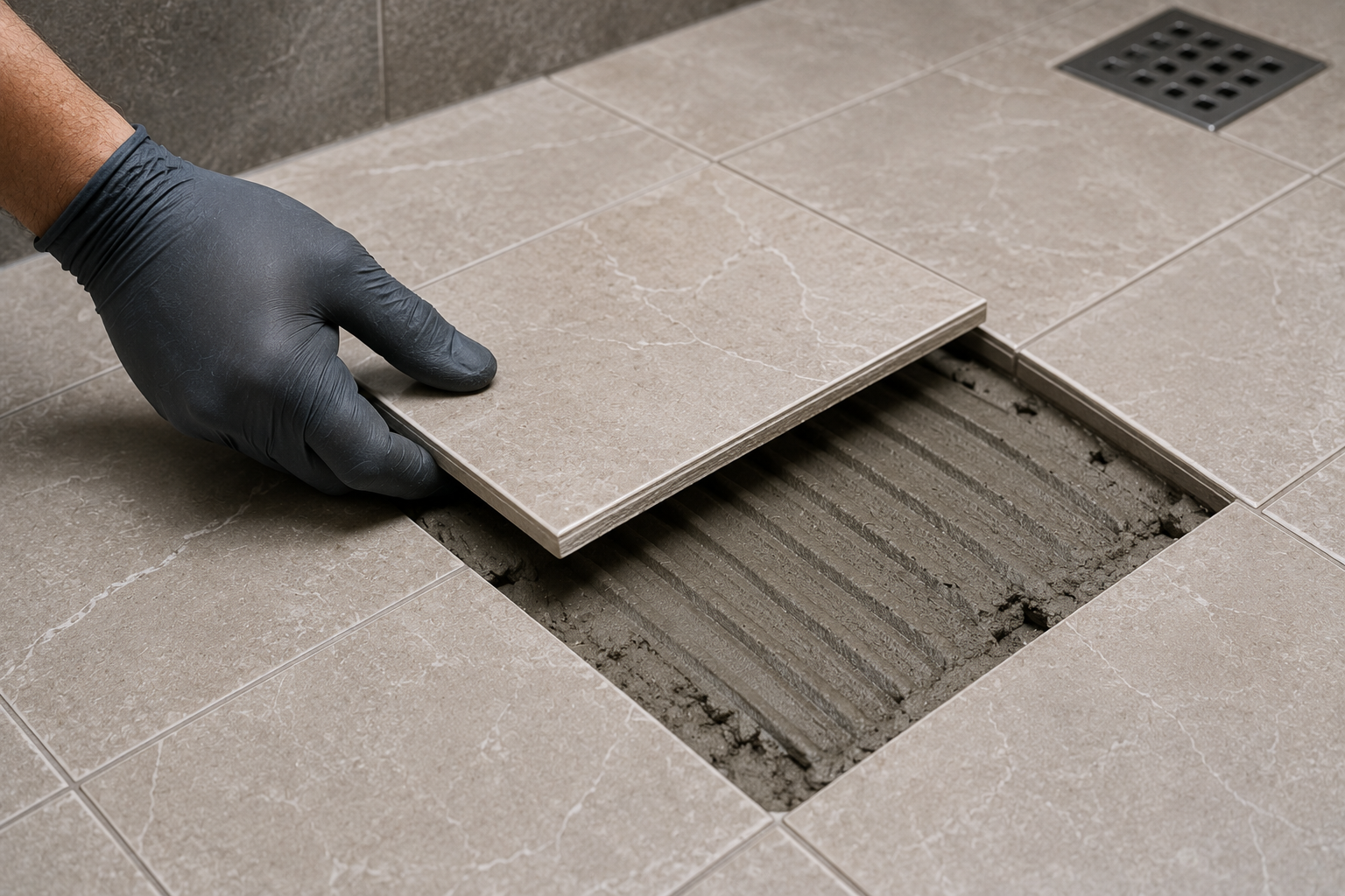 Setting a large format tile into a combed adhesive bed