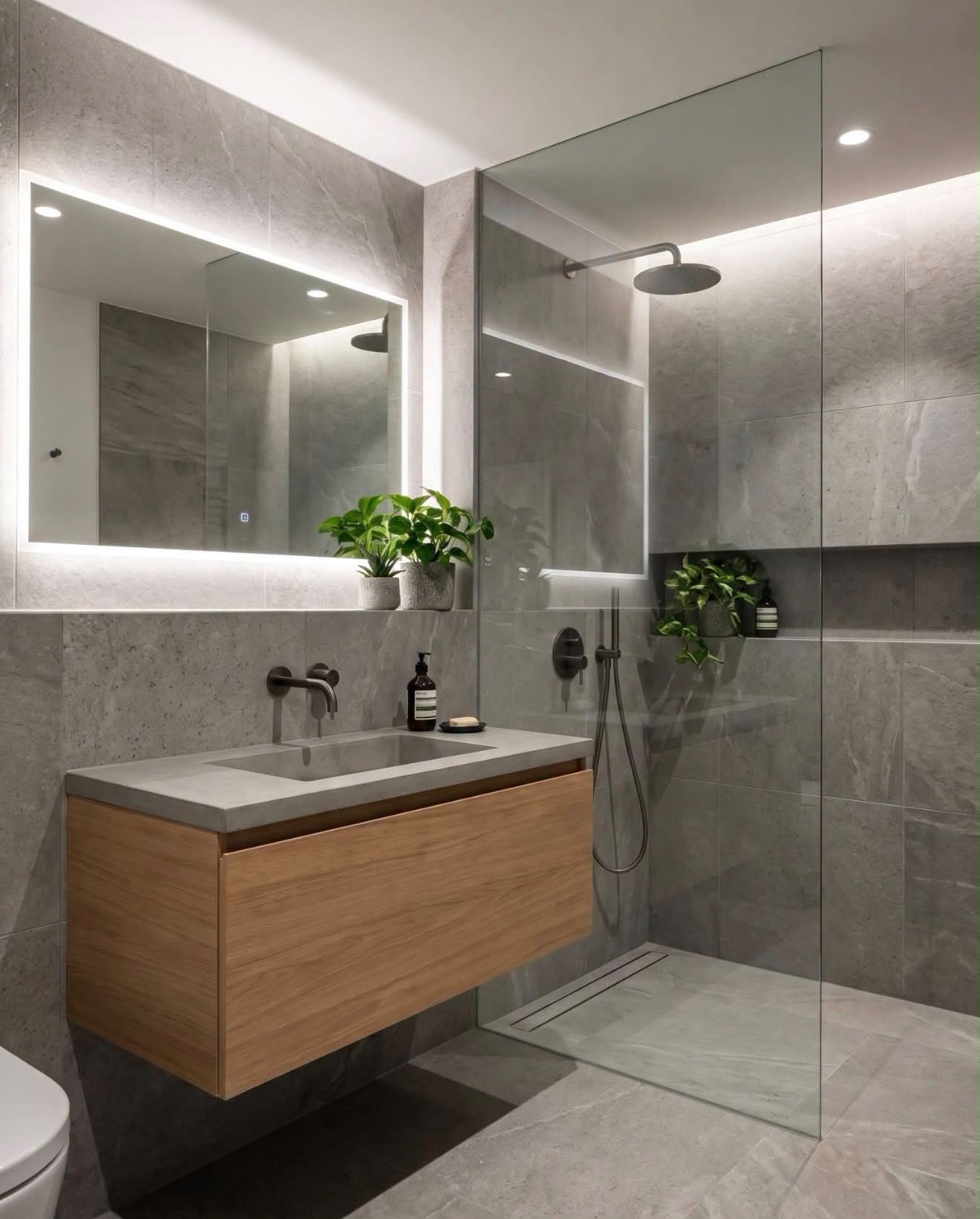 Stone-look bathroom with timber vanity, backlit mirror and linear drain walk-in shower