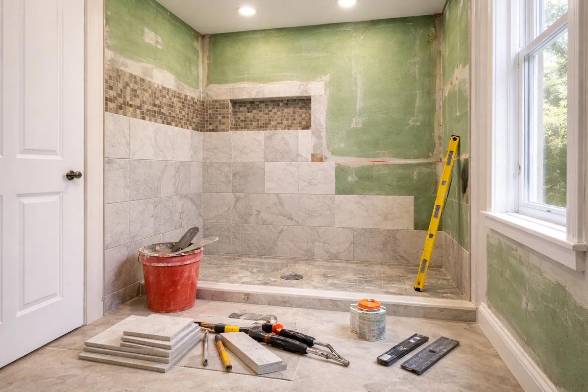 Bathroom mid-renovation with waterproofed wall sheeting and part-tiled shower