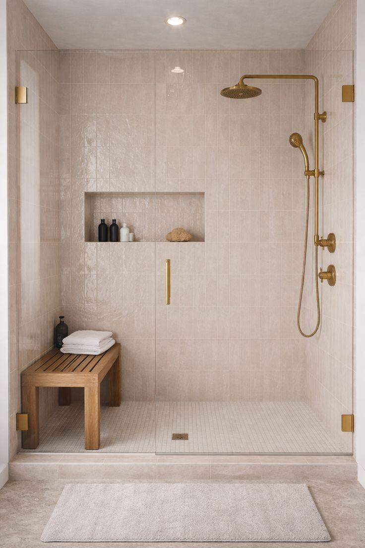 Warm neutral tiled shower with recessed niche, mosaic shower base and timber bench